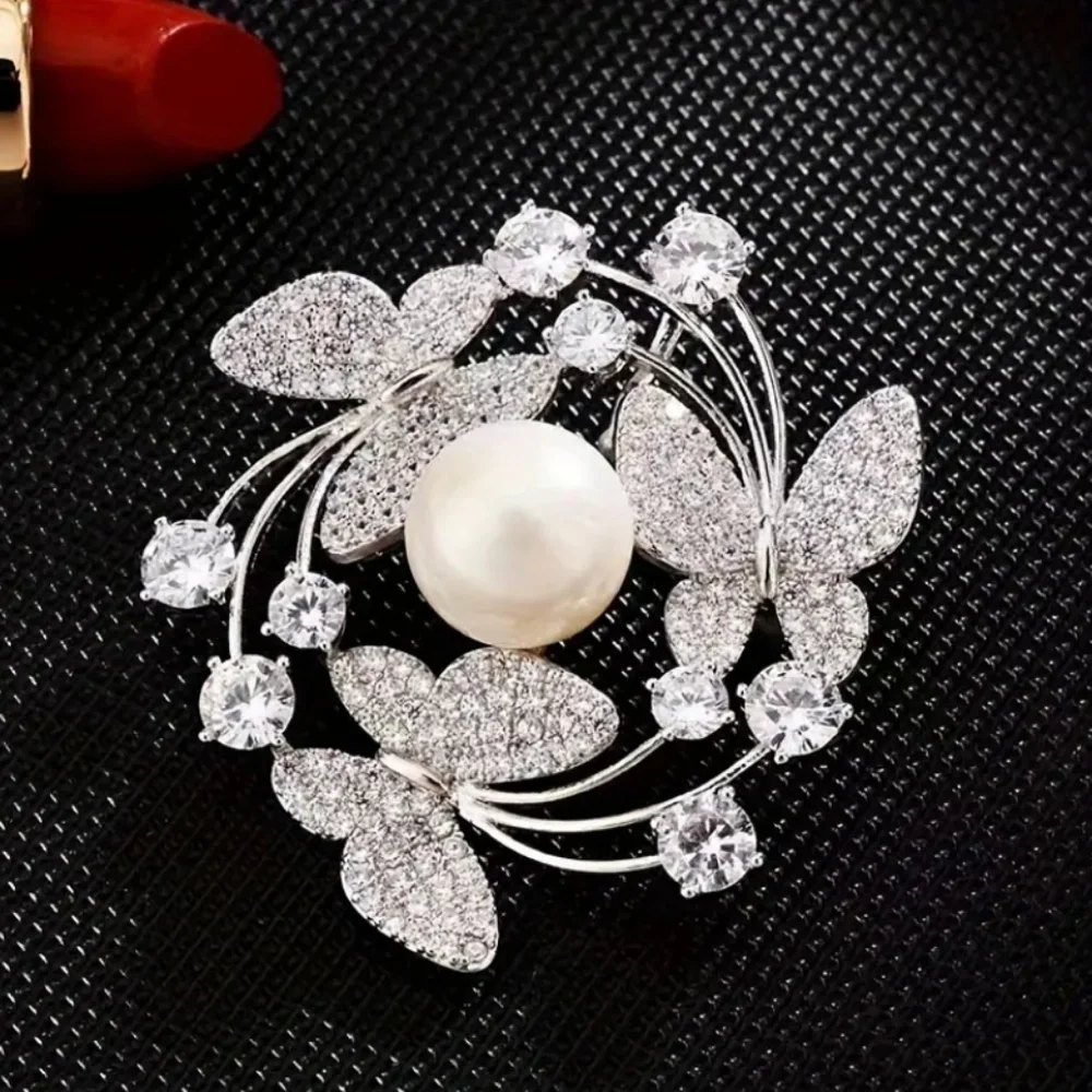 Butterfly Rhinestone Pearl Brooch Pin Silver